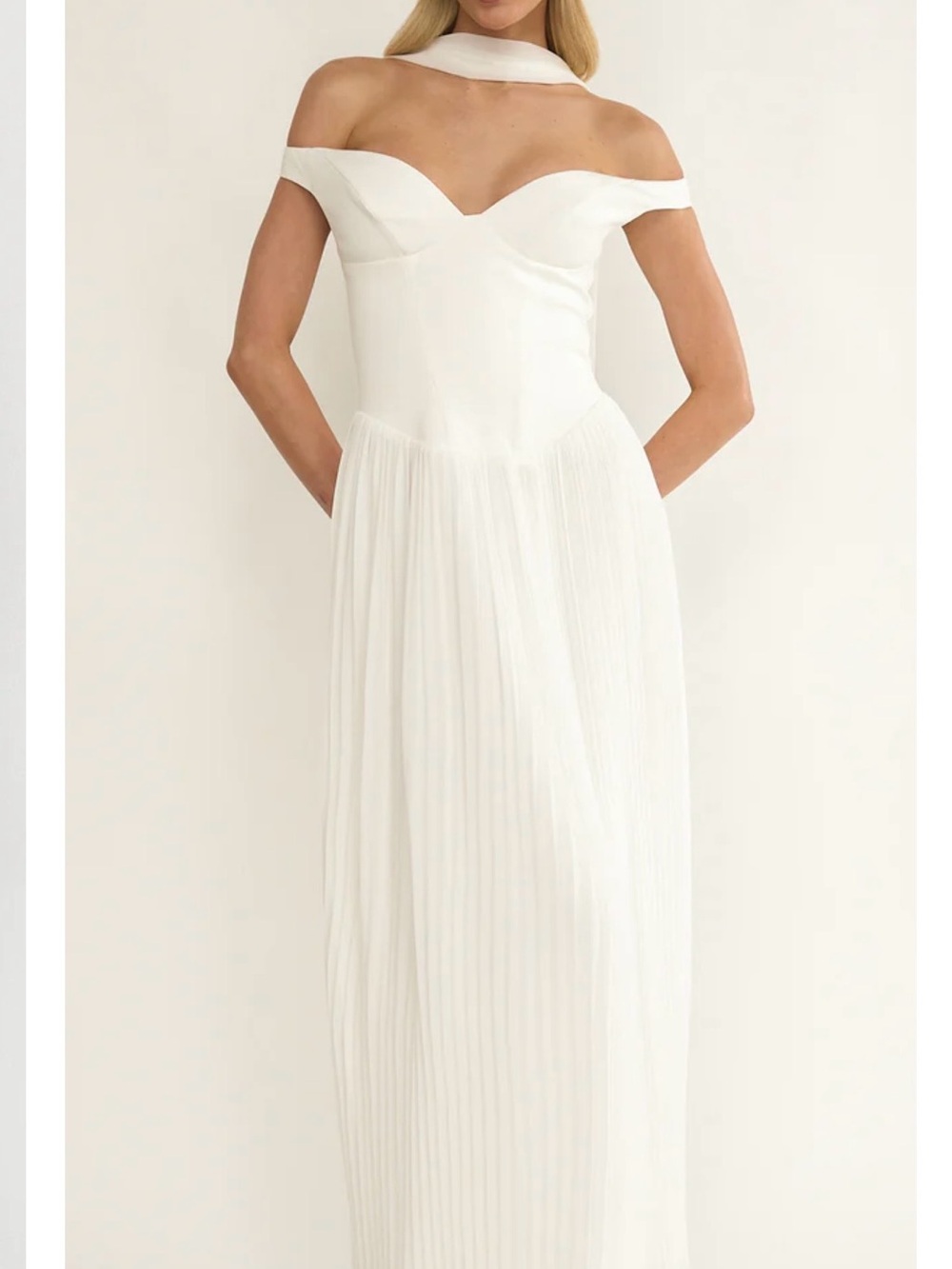Selfie Leslie Ivory Off-Shoulder Chiffon Pleated Wedding Gown